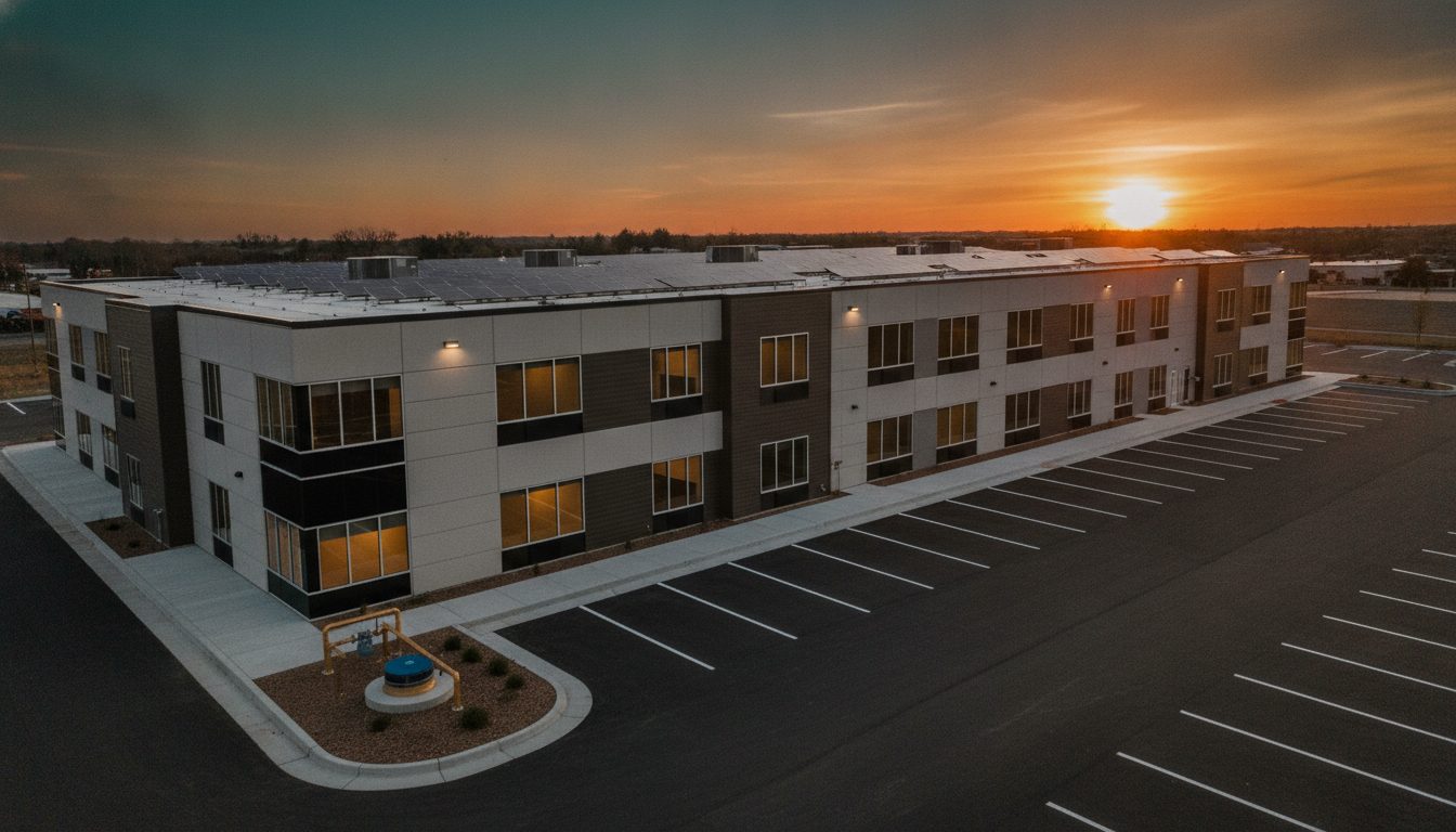A commercial building with rooftop solar and HVAC — every Commonstead fix in its place
